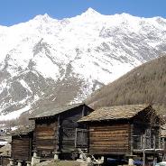 Typical Valasian buildings at the entrance of Saas Fee
